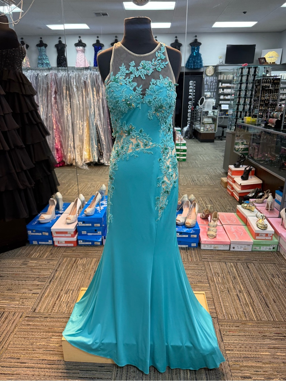 RACHEL ALLEN 6817 TURQUOISE SIZE 8 STRAIGHT PROM FORMAL PAGEANT DRESS